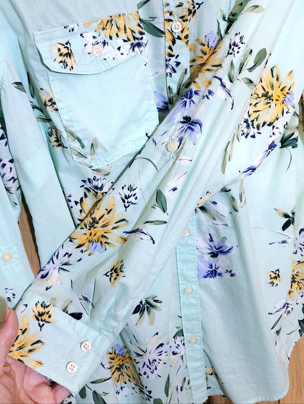 St John's Bay Mint Green Floral Top Womens Lrg 100% Cotton Button-up Shirt - Picture 4 of 7
